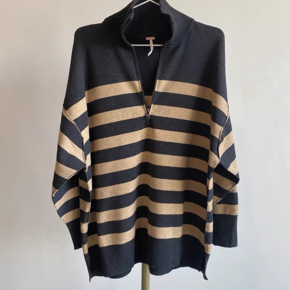 Free People Black and Tan Striped Sweater